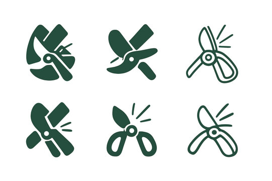 Gardening Tools Icons. Sharpening gardening tools. Icon set. Set Logo of sharpening gardening tools: garden secateurs being sharpened. harmonious