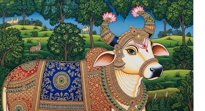Ornate Decorated Cow in Lush Green Landscape Painting.