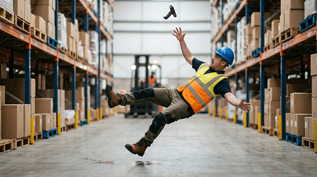 Warehouse Worker Slipping on Wet Floor in Logistics Center