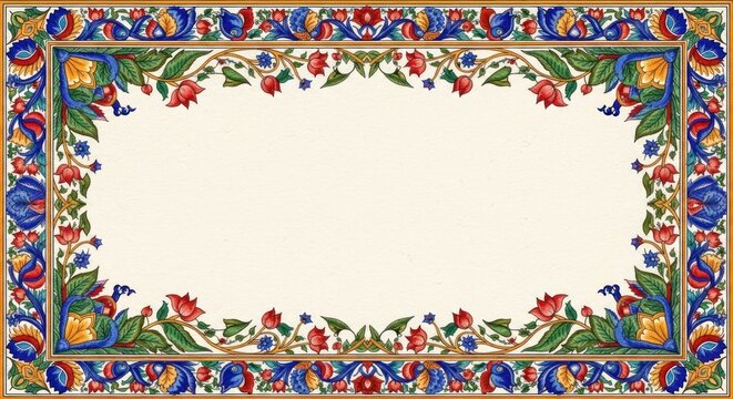 Ornate Floral Border Design with Intricate Details and Vibrant Colors.