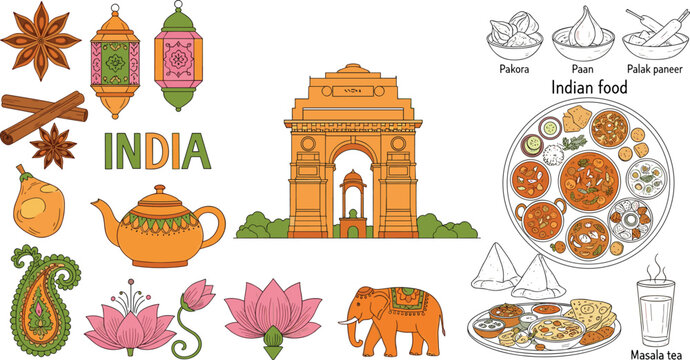 India culture and traditional food vector illustration set with spices, landmarks, elephant, lotus and Indian cuisine elements collection