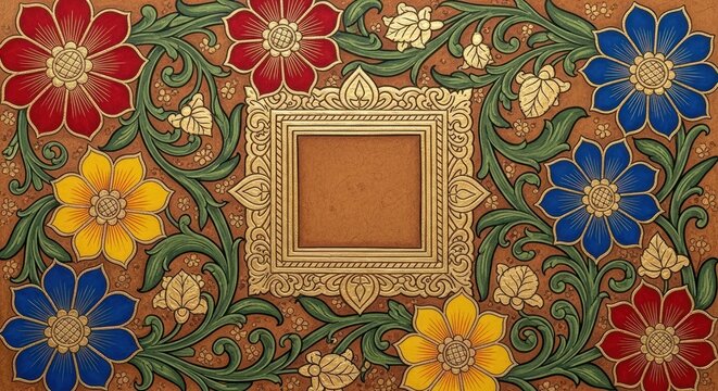 Ornate floral frame with golden details and colorful flowers.