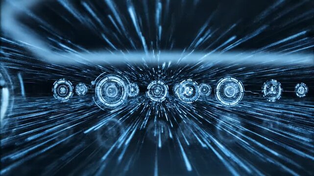 A futuristic digital interface displays a complex network of interconnected nodes and lines against a dark, abstract background, suggesting advanced technology and data flow.