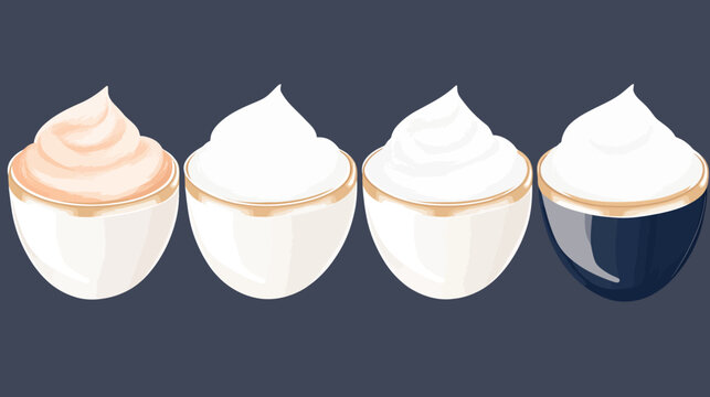 Four stylized cups with whipped cream in varying colors, set against a dark background