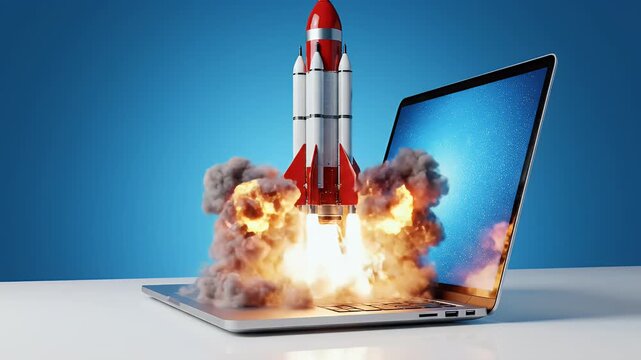 A vibrant conceptual image depicts a rocket launching from an open laptop, symbolizing rapid growth, innovation, and technological advancement.