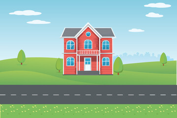 Naklejka premium Charming red two story house with a green landscape and blue sky