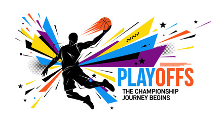 Basketball Player Silhouette Dunking with Abstract Explosive Background and "PLAYOFFS" Text © budi