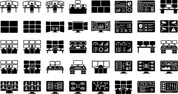 Icon set of people monitoring multiple screens in control room

