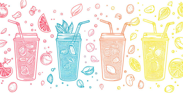 Colorful illustrated line art of four iced beverages in various flavors, with fruits and leaves
