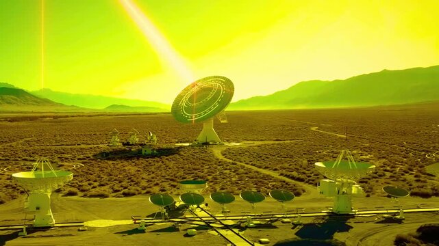 Radio telescopes array scanning outer space in dry desert at sunset, sci-fi scene.