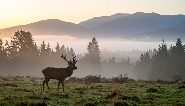 Deer in foggy mountain landscape
