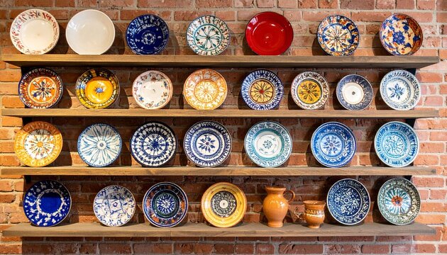 Decorative plates display on wooden shelves