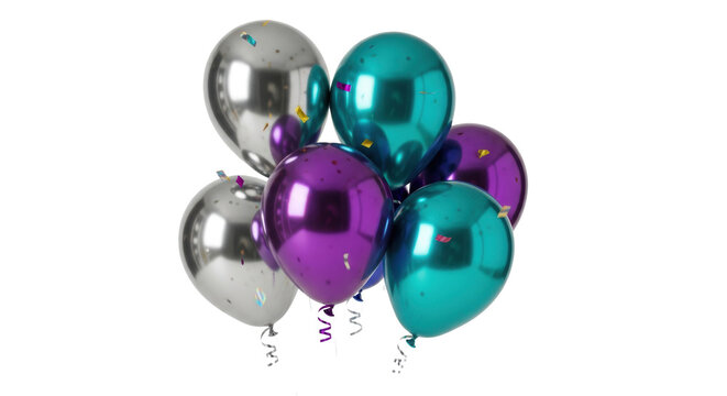 Highly reflective chrome silver, metallic purple, and teal helium balloons floating against a transparent studio cyclorama background, dramatic specular lighting, copy space. Luxury celebration