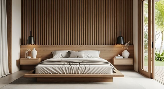 Modern minimalist bedroom interior featuring wooden slatted wall paneling and floating bed frame with natural lighting