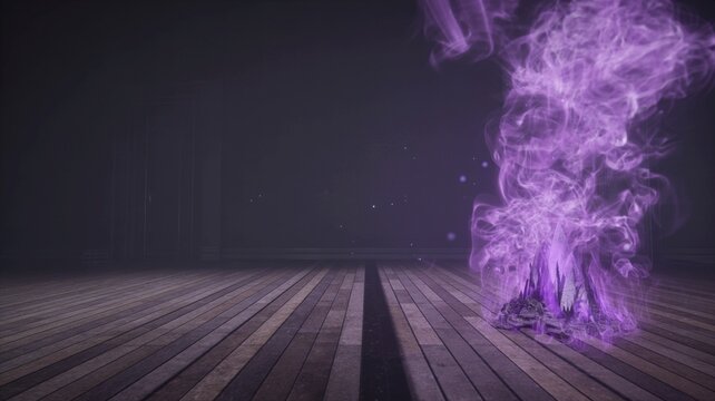 Purple smoke rises on wooden floor in dark room with mysterious ambiance and eerie lighting effects