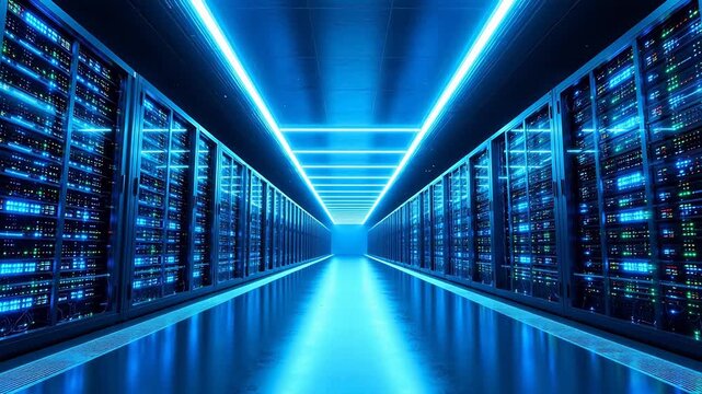Advanced server room with blue lights for Digital Transformation and Cyber Infrastructure