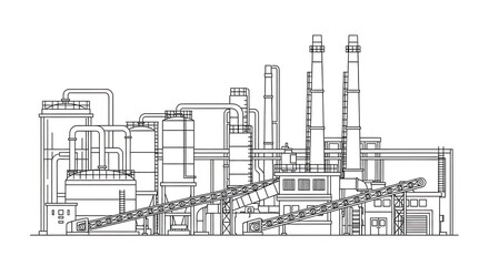 Obraz premium Industrial factory illustration with pipes chimneys and conveyors on white background