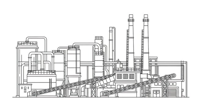 Industrial factory illustration with pipes chimneys and conveyors on white background