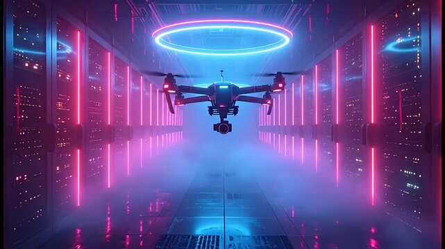 Drone Flying in Futuristic Data Center with Neon Lights