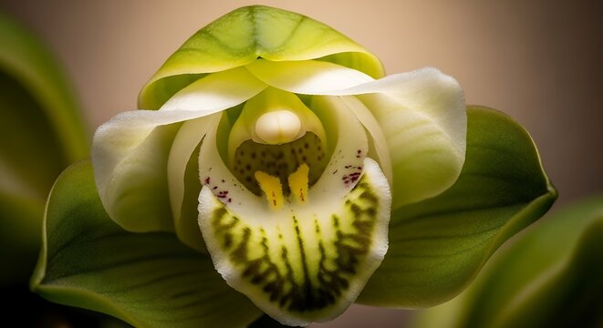 Extreme close-up macro shot of a delicate, pale green and white lady slipper orchid with intricate patterned labellum, soft focus, detailed petals, botanic beauty, studio lighting, natural e