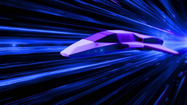Futuristic purple spaceship flying through deep space blue hyperjump.