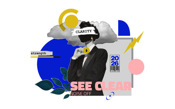 Clarity and focus business concept poster with modern collage woman and abstract design