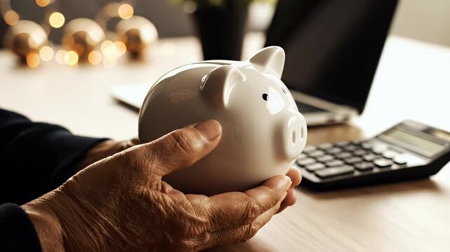 An elderly hand gently holds a white ceramic piggy bank, symbolizing financial security and planning.