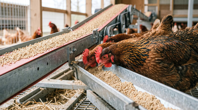 Chickens eating feed from a conveyor belt and trough in a modern farm setting