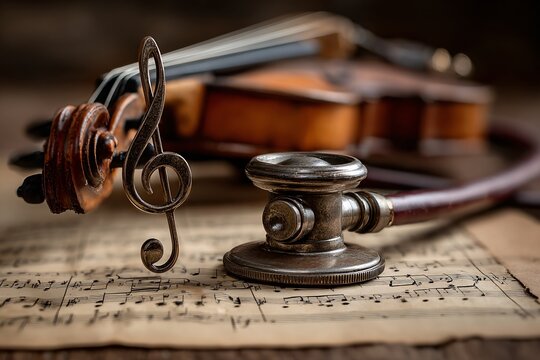 Symbolic still life featuring a vintage violin, metallic treble clef, and stethoscope resting on aged sheet music.