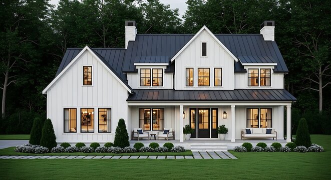 Modern farmhouse exterior with white board and batten siding and black metal roof
