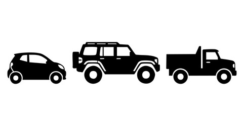 Fototapeta premium Three black silhouettes of vehicles driving side by side on road