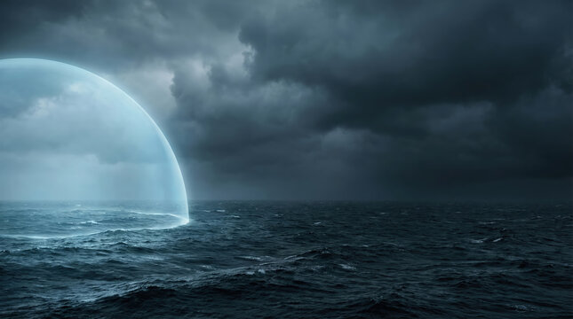 Glowing translucent dome resting on rough ocean surface under dark stormy clouds. Biblical parting of the waters miracle concept. Representation of divine protection and separation.