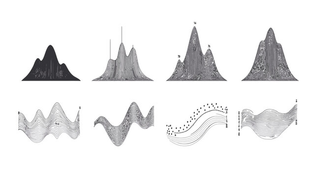 Abstract black and white graphic with peaks and valleys, resembling graphs and data representations