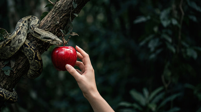 Woman hand reaching for a red apple from a snake on a tree branch. Biblical story of Eve and the forbidden fruit in the Garden of Eden. Concept of temptation, sin, and fall of man.