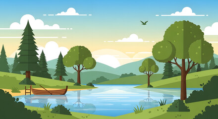 Obraz premium Serene Riverside Landscape with Boat and Distant Mountains at Sunrise