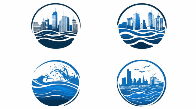 Four round blue illustrations showcasing cities with water and waves, with a textured brush effect