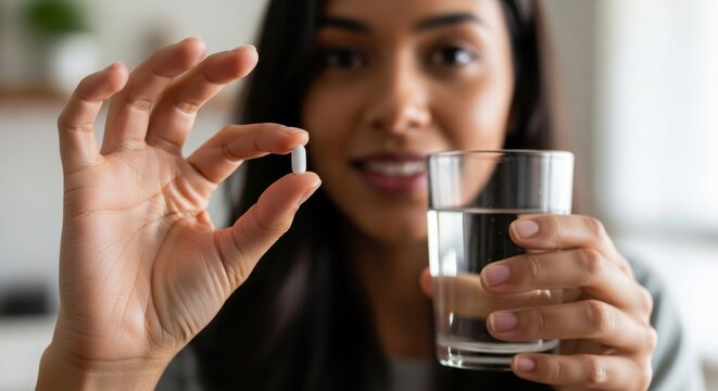 Jovem mulher brasileira sorridente segurando uma p&iacute;lula branca e um copo de &aacute;gua. Conceito de cuidados com a sa&uacute;de, tratamento m&eacute;dico, vitaminas ou uso de anticoncepcional