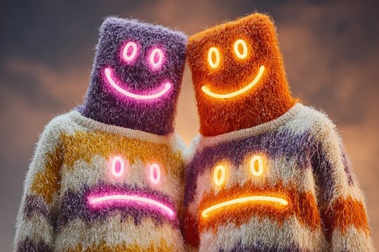 Two vibrant, fuzzy characters with glowing neon smiley and frowny faces on textured sweaters, conveying emotional duality.