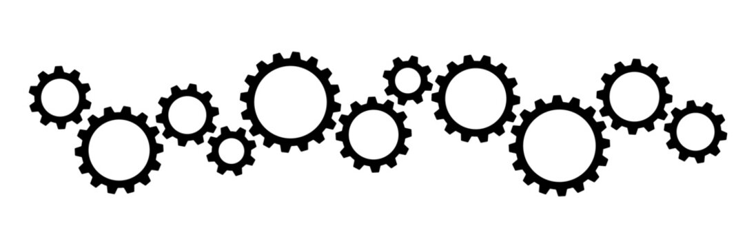 Wide composition of black cogwheels gears isolated. Vector