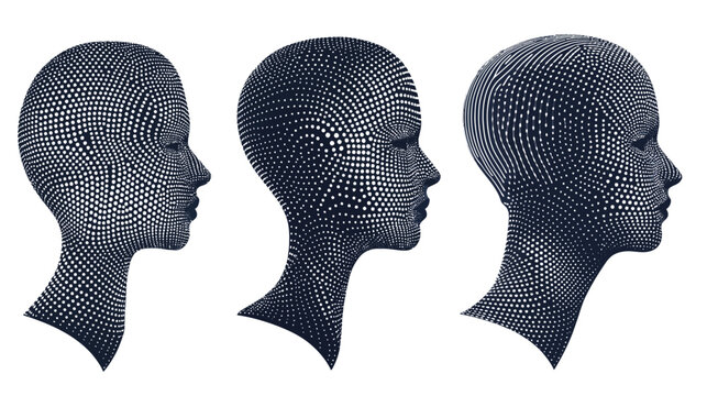 Three minimalist human head silhouettes in profile, rendered with dots and lines
