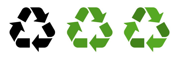 Fototapeta premium Eco recycle symbol set, triangle triple arrow, black and green colored fill. Vector