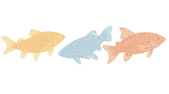 Three stylized fishes, each different color. Composed of tiny squares, they look like mosaics