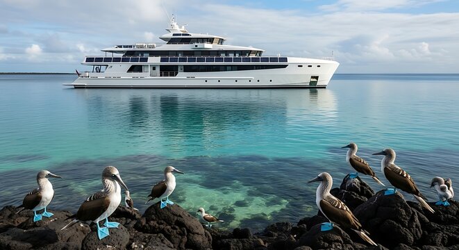 Expedition cruise ship anchors in turquoise waters off Galapagos Islands, seabirds with blue feet perch on volcanic rocks, travel adventure, scenic seascape, wildlife photography.