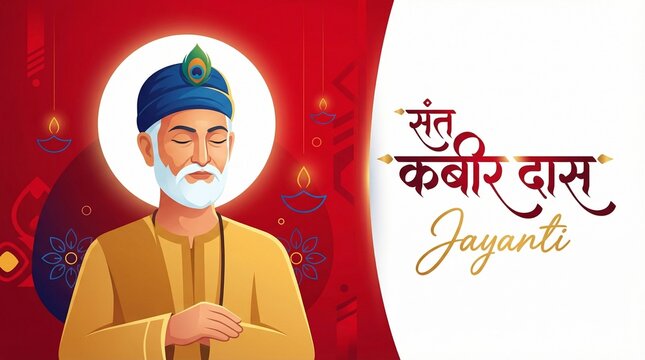 Kabir Jayanti holy guru vector portrait with glowing diya lights and red festive background for spiritual event banner devotional artwork and cultural poster design