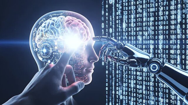 A futuristic concept art depicts a human head seamlessly integrated with robotic components and binary code, symbolizing the convergence of human intelligence and artificial intelligence.
