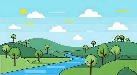 Fototapeta premium Serene Meadow Landscape with Gentle River and Sunlit Clouds, Nature's Calm Beauty