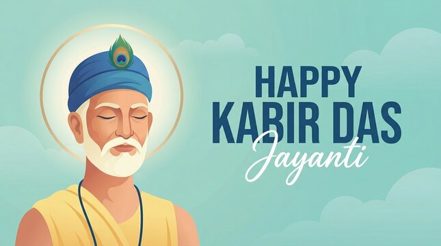 Kabir Jayanti greeting with serene saint portrait glowing halo and soft sky background for Indian spiritual festival banner design and devotional poster artwork