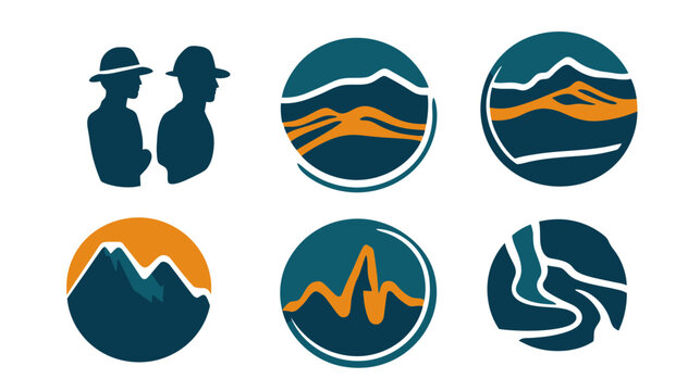 Set of stylized, monochromatic logos featuring people in hats and various abstract circular designs