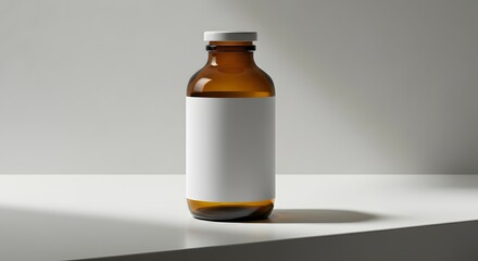 Obraz premium Blank amber glass medicine bottle mockup on pure white clinical surface.