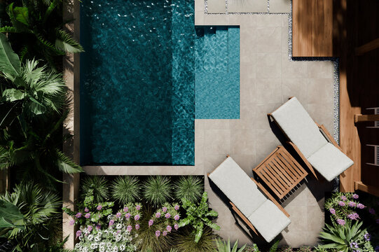 Aerial view of luxury swimming pool design and garden landscaping. Modern beach house architecture with tropical palms. Top view. Private hotel villa resort rental concept. 3d render